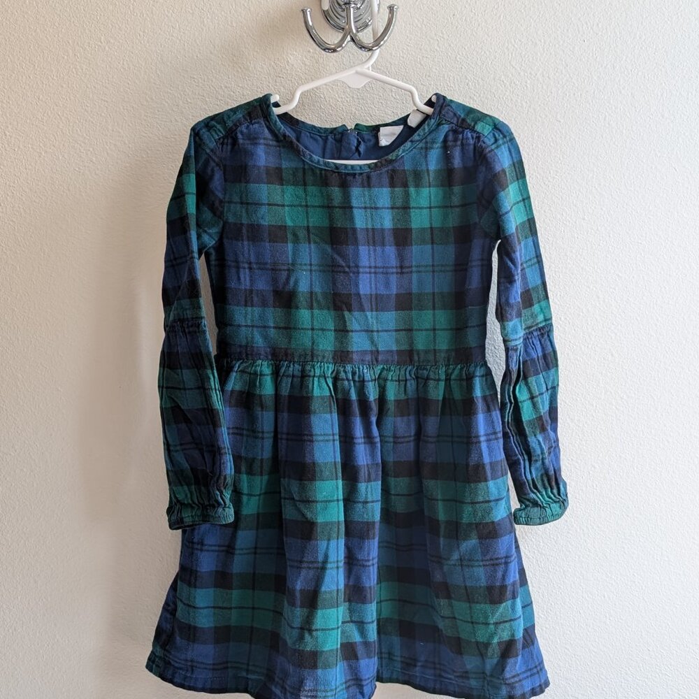 Gap Kids Girls Size xs Blue Green Plaid Christmas Dress Puff Sleeve at Cuff